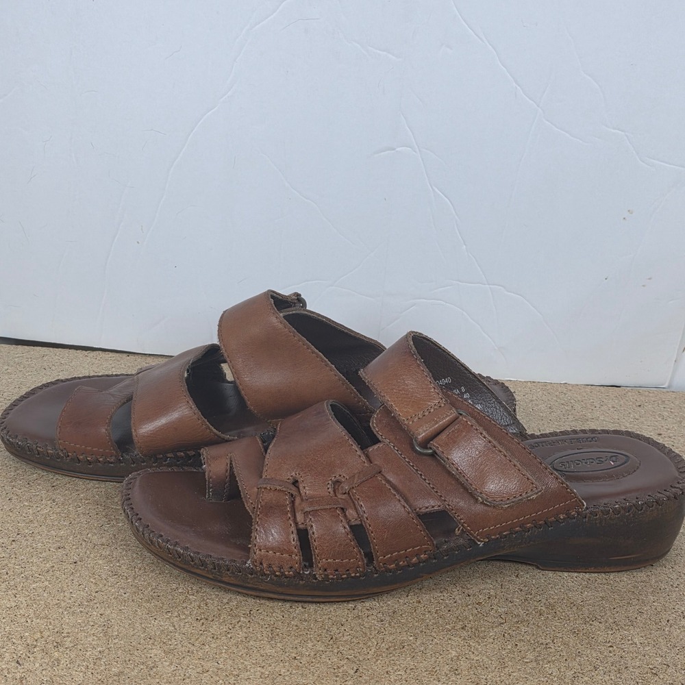 Dr. Scholls Karen Brown Leather Slide Sandals Toe Loop Wedge hippi boho Womens 8